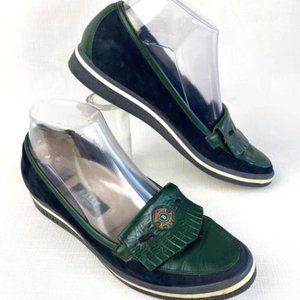 VINTAGE BALLY Green Navy Blue Leather Fringe LOAFER! Sz 8 Made in Switzerland